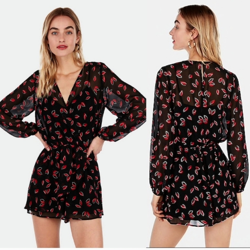 Express Black Romper with Red Leaf Design